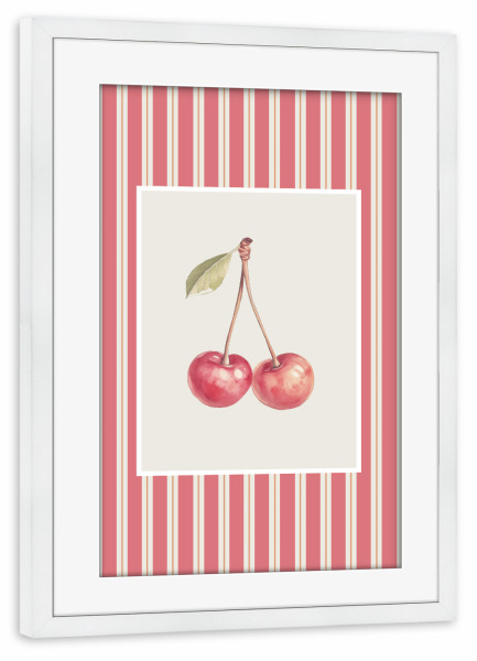 Poster mit Rahmen weiß "Cherry in red stripe frame" artboxONE - Essen & Trinken,Essen & Trinken / Obst & Gemüse