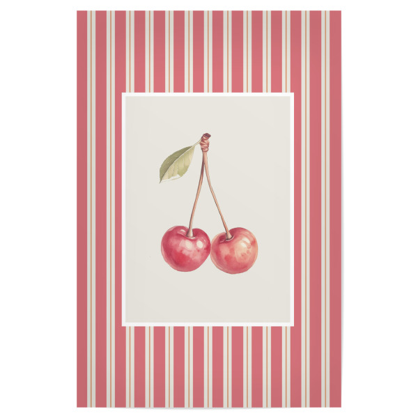 Poster 30x20 cm "Cherry in red stripe frame" artboxONE - Essen & Trinken,Essen & Trinken / Obst & Gemüse