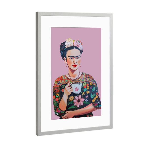 Poster mit Rahmen Silber "Frida Kahlo Kaffee Liebe" artboxONE - Floral,Essen & Trinken,Menschen