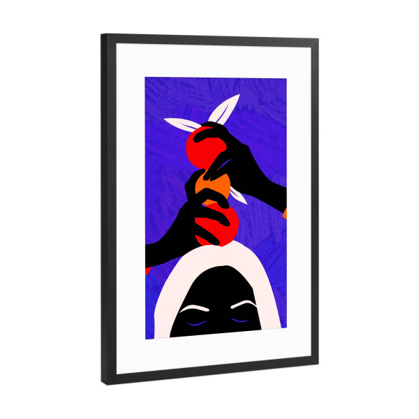 Poster mit Rahmen Schwarz (Metallic) "Hände an Orange" artboxONE - Abstrakt,Essen & Trinken / Obst & Gemüse