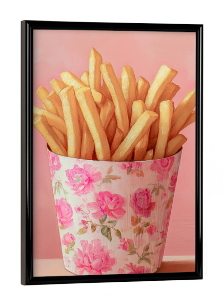 Poster mit schwarzem Rahmen "Pommes mit rosa Blumen Charme" artboxONE - Natur,Floral,Essen & Trinken