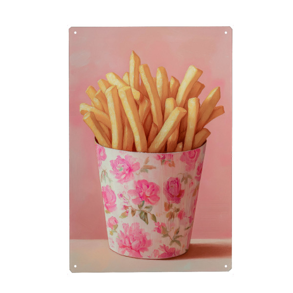 Holzbild "Pommes mit rosa Blumen Charme" artboxONE - Natur,Floral,Essen & Trinken