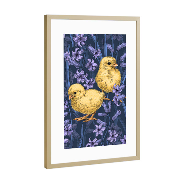 Poster mit Rahmen Gold "Hühner und Hyazinthe" artboxONE - Natur,Floral,Tiere