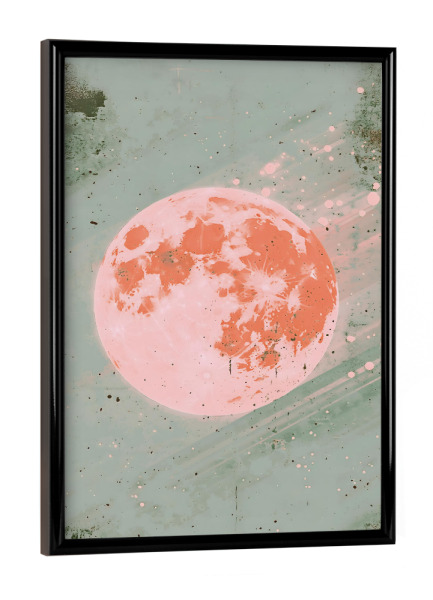 Poster mit schwarzem Rahmen "Frühlingsmond" artboxONE - Abstrakt - Frühling,Mond,Planet,Universum,Galaxie,Pink,Blaugrün,Roh,Beton