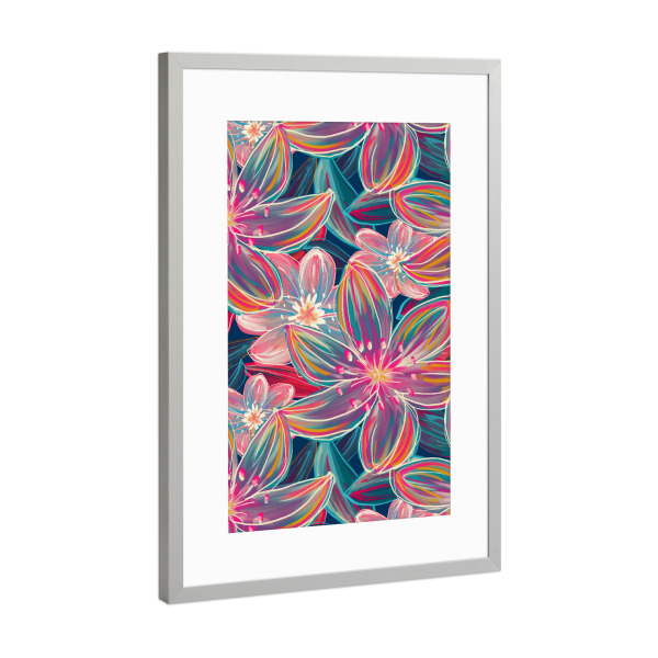 Poster mit Rahmen Silber "Fluoblüte" artboxONE - Natur,Floral - Fluoreszenz,Fluo,Fett,Lebendig,Frühling,Blumenmuster,Blume,Blumen