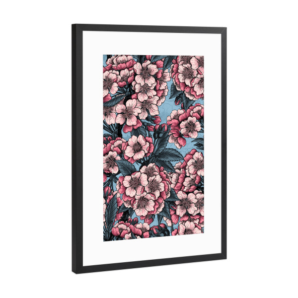 Poster mit Rahmen Schwarz (Metallic) "Kirschblüte in Pink und Blau" artboxONE - Floral