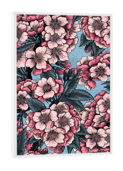 Poster mit weißem Rahmen "Kirschblüte in Pink und Blau" artboxONE - Floral