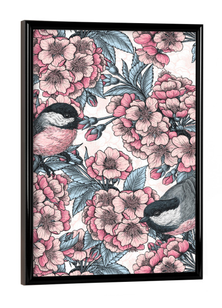 Poster mit schwarzem Rahmen "Kirschblüte und Chickadees" artboxONE - Natur,Floral,Tiere