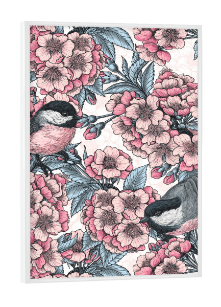 Poster mit weißem Rahmen "Kirschblüte und Chickadees" artboxONE - Natur,Floral,Tiere