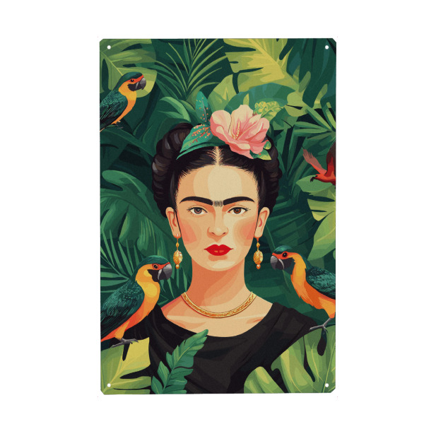 Metall Poster "Woman with a floral" artboxONE - Tiere,Menschen,Fashion - Tropical,Birds,Foliage,Vibrant,Floral,Portrait,Colorful,Nature,Jungle,Exotic