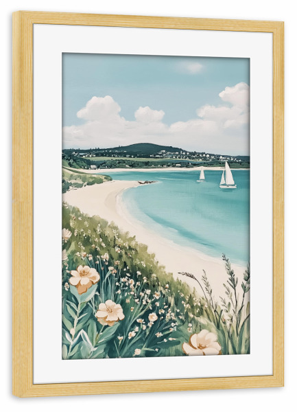Poster mit Rahmen kiefer "Meer mit Segelbooten und Blumen" artboxONE - Natur,Reise / Strand und Meer