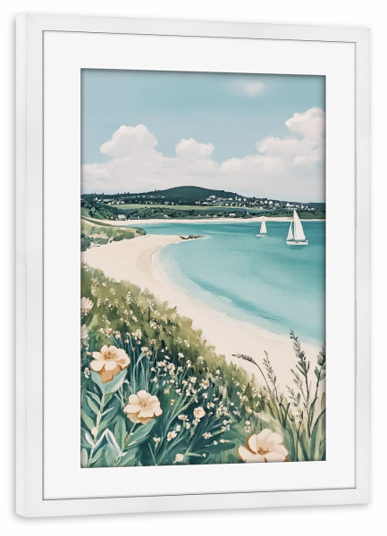 Poster mit Rahmen weiß "Meer mit Segelbooten und Blumen" artboxONE - Natur,Reise / Strand und Meer