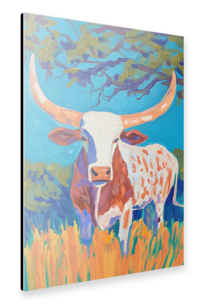 Alu-Dibond "Longhorn Bull in Vibrant Landscape" 75x50 cm artboxONE