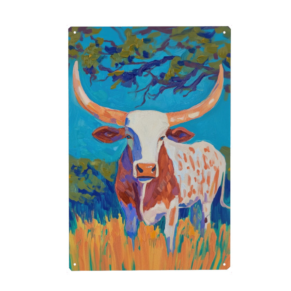 Holzbild "Longhorn Bull in Vibrant Landscape" artboxONE - Natur,Tiere - Longhorn,Lebendig,Farbenfroh,Malerei,Landschaft,Natur,Tier,Hörner,Bulle,Kuh