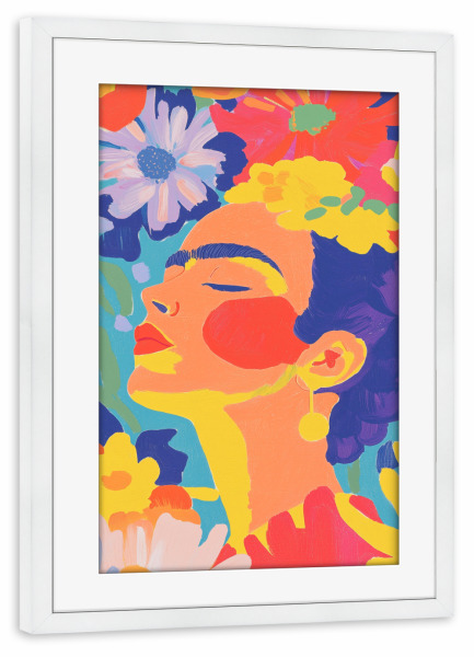 Poster mit Rahmen weiß "Blumengarten mit Frida" artboxONE - Floral,Abstrakt,Menschen