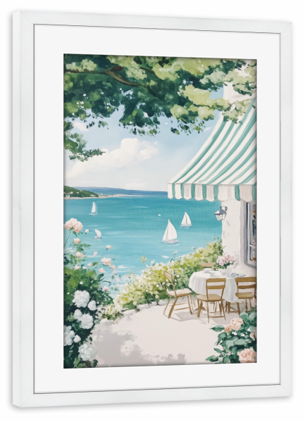 Poster mit Rahmen weiß "Küstencafé mit Segelbooten" artboxONE - Natur,Reise / Strand und Meer