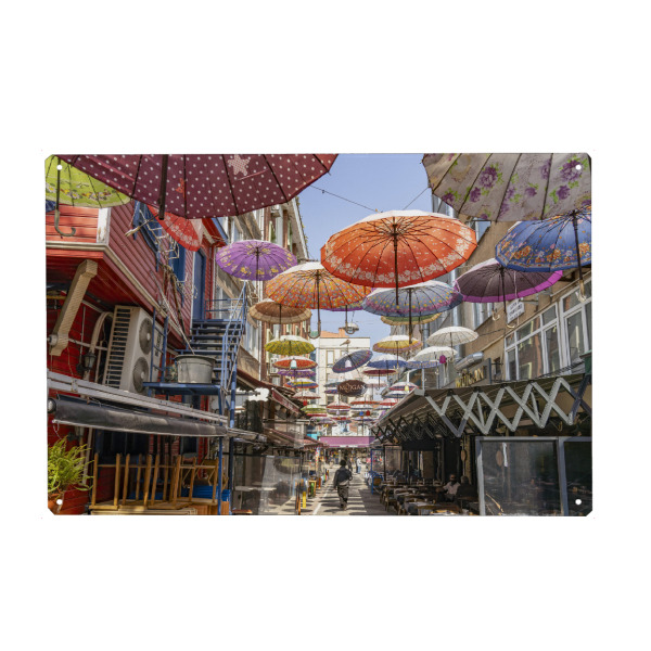 Holzbild "Umbrella Street Istanbul" artboxONE - Reise,Städte / Istanbul - Bunt,Regenschirme,Umbrella street,Hoca tahsin,Karaköy,Istanbul,Türkei