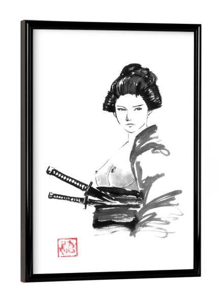 Poster mit schwarzem Rahmen "Geisha Samurai" artboxONE - Menschen,Schwarzweiß - Geisha,Samurai,Sumie,Japan,Katana