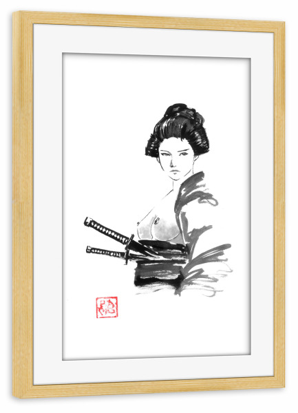 Poster mit Rahmen kiefer "Geisha Samurai" artboxONE - Menschen,Schwarzweiß - Geisha,Samurai,Sumie,Japan,Katana