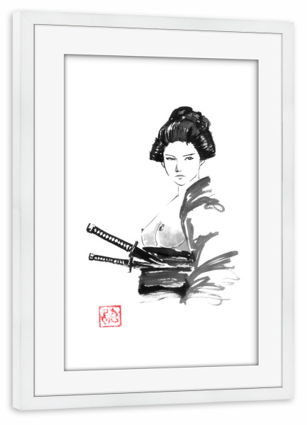 Poster mit Rahmen weiß "Geisha Samurai" artboxONE - Menschen,Schwarzweiß - Geisha,Samurai,Sumie,Japan,Katana