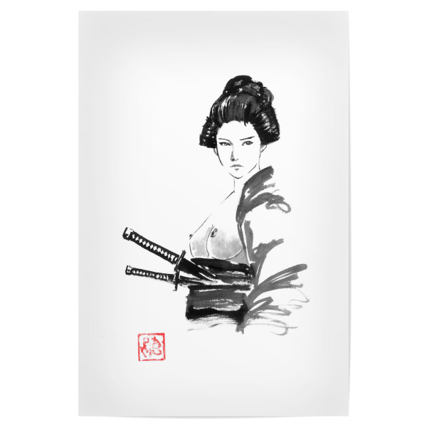 Poster 30x20 cm "Geisha Samurai" artboxONE - Menschen,Schwarzweiß - Geisha,Samurai,Sumie,Japan,Katana