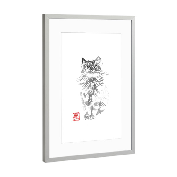 Poster mit Rahmen Silber "Reichweite" artboxONE - Tiere,Schwarzweiß - Katze,Sumie,Japan