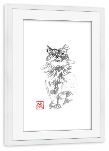 Poster mit Rahmen weiß "Reichweite" artboxONE - Tiere,Schwarzweiß - Katze,Sumie,Japan