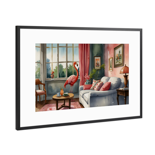 Poster mit Rahmen Schwarz (Metallic) "Ein Flamingo im Wohnzimmer" artboxONE - Tiere