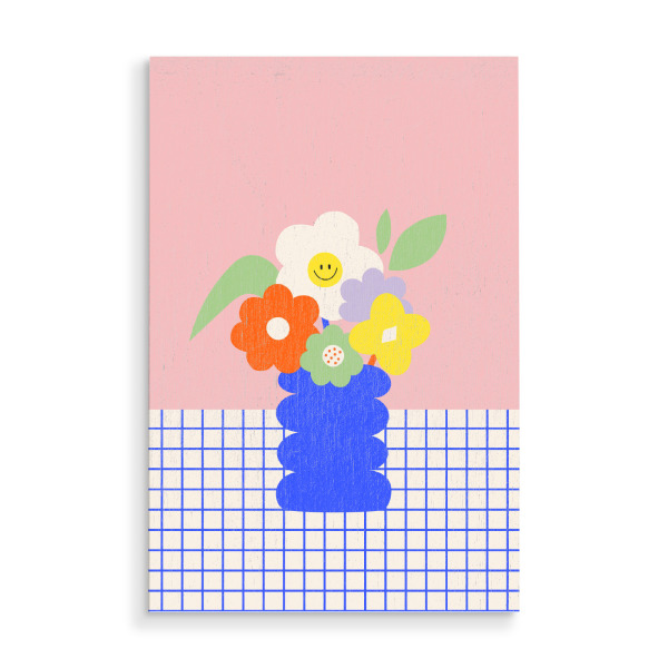 Holzbild "Happy Daisy" artboxONE - Floral,Lustig - Daisy,Blumen,Vase,Gänseblümchen,Dopamine,Lustig,Smiley,Flower power,Prilblumen,Retro,70ies