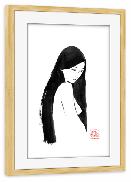 Poster mit Rahmen kiefer "Gebürstetes Haar" artboxONE - Menschen,Schwarzweiß - Geisha,Sumie,Japan,Nackt