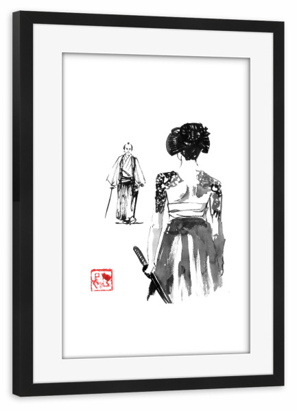 Poster mit Rahmen schwarz "Vor dem Duell" artboxONE - Menschen - Geisha,Sumie,Japan,Samourai