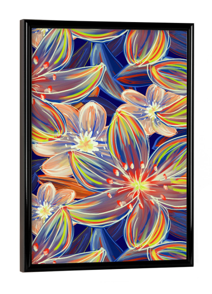 Poster mit schwarzem Rahmen "Fluo Bloom - Orange & Blau" artboxONE - Natur,Floral