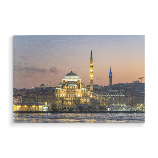 Holzbild "Neue Moschee Istanbul" artboxONE - Reise,Architektur,Städte / Istanbul - Neue moschee,Yeni cami,Abenddämmerung,Eminönü,Türkei