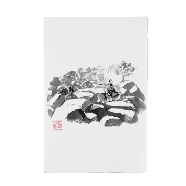 Holzbild "Samurai auf den Felsen" artboxONE - Menschen,Schwarzweiß - Sumie,Japan,Samurai,Felsen