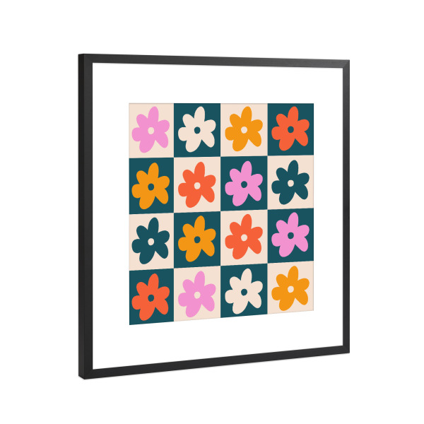 Poster mit Rahmen Schwarz (Metallic) "Buntes retro Blumen Muster" artboxONE - Natur,Floral,Geometrie