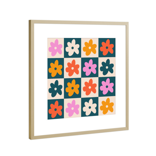 Poster mit Rahmen Gold "Buntes retro Blumen Muster" artboxONE - Natur,Floral,Geometrie
