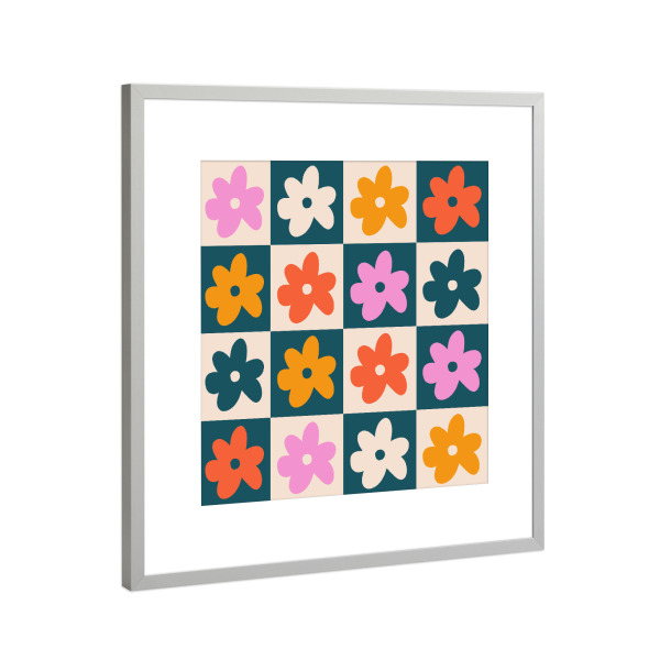 Poster mit Rahmen Silber "Buntes retro Blumen Muster" artboxONE - Natur,Floral,Geometrie