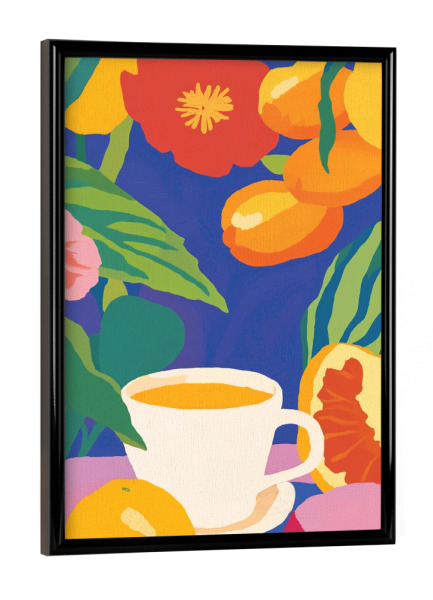 Poster mit schwarzem Rahmen "Kaffeegenuss im Blumengarten" artboxONE - Natur,Floral,Essen & Trinken