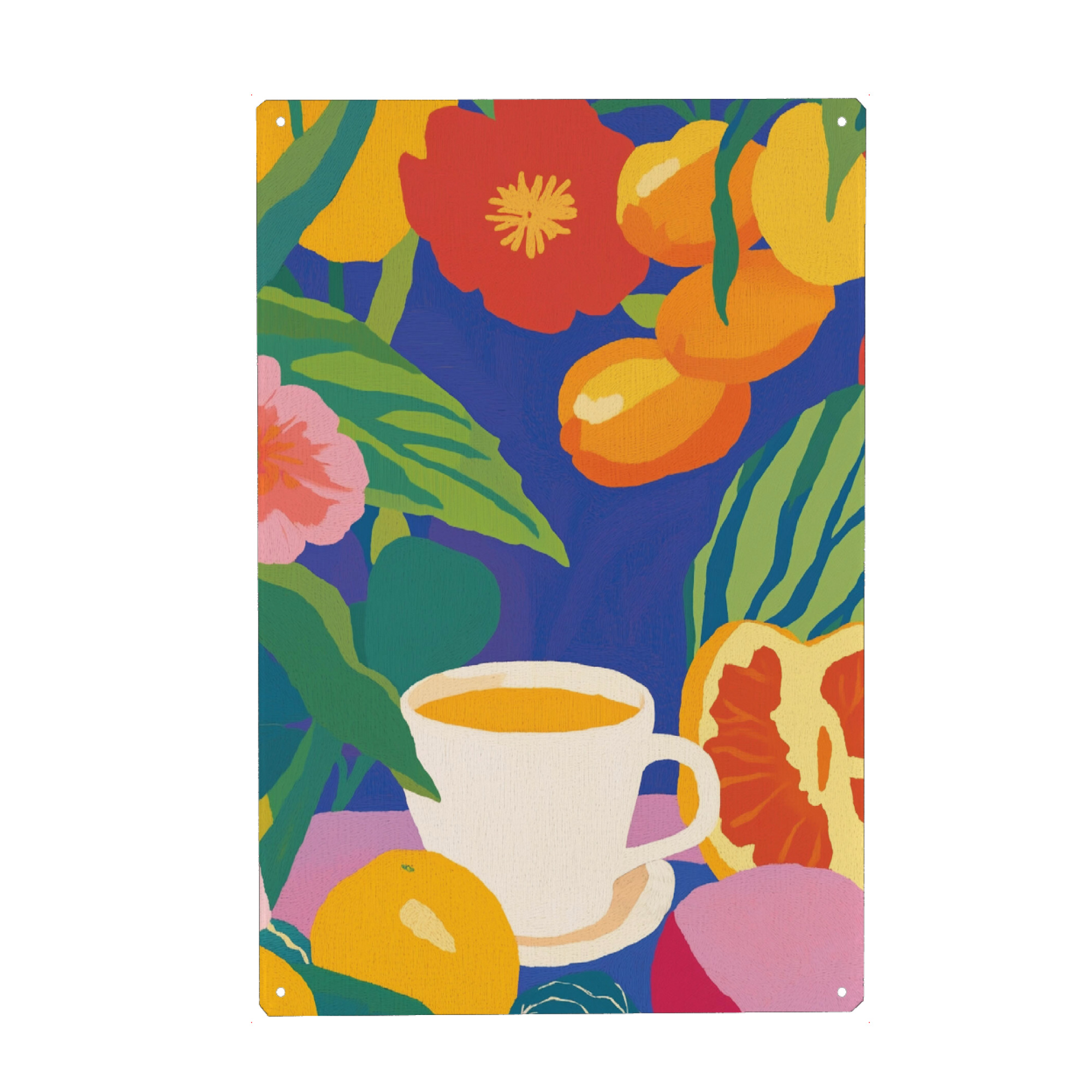 Metall Poster "Kaffeegenuss im Blumengarten" artboxONE - Natur,Floral,Essen & Trinken