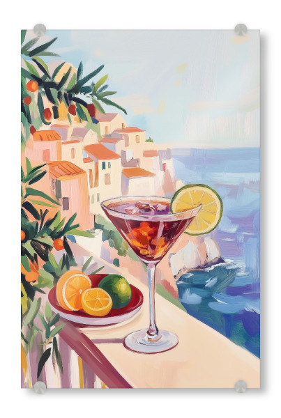 Acrylglasbild "Cocktail und Küstendorf" artboxONE - Natur,Reise / Strand und Meer,Essen & Trinken / Alkohol
