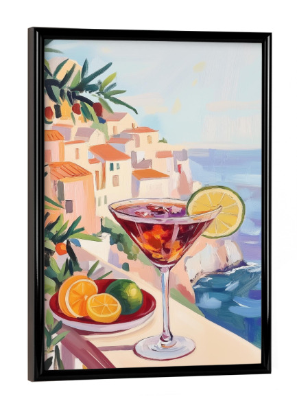 Poster mit schwarzem Rahmen "Cocktail und Küstendorf" artboxONE - Natur,Reise / Strand und Meer,Essen & Trinken / Alkohol
