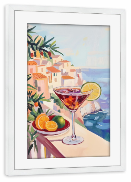 Poster mit Rahmen weiß "Cocktail und Küstendorf" artboxONE - Natur,Reise / Strand und Meer,Essen & Trinken / Alkohol