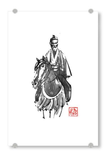 Acrylglasbild "Altes Samurai auf einem Pferd" artboxONE - Menschen,Schwarzweiß - Sumie,Japan,Pferd,Samurai