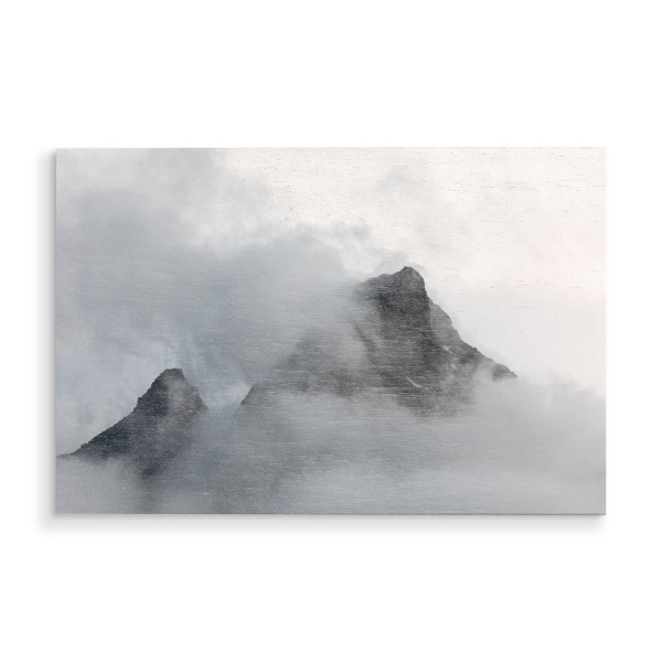 Holzbild "Wolkengipfel" artboxONE - Natur,Reise - Berge,Gipfel,Bergspitzen,Gebirge,Lofoten,Norwegen,Skandinavien,Wolken,Nebel
