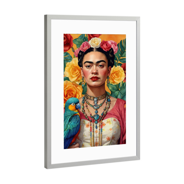 Poster mit Rahmen Silber "Frida Kahlo mit Blumen" artboxONE - Abstrakt