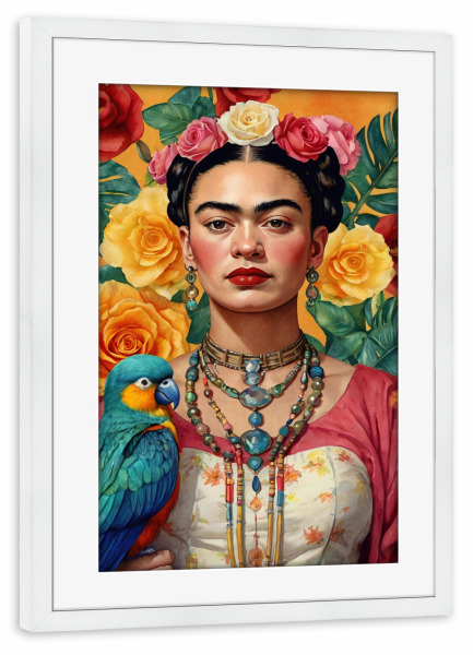 Poster mit Rahmen weiß "Frida Kahlo mit Blumen" artboxONE - Abstrakt