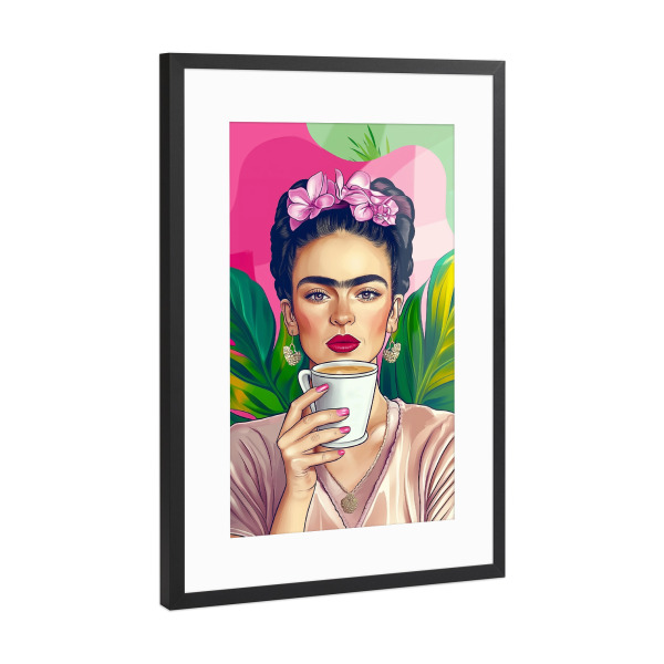 Poster mit Rahmen Schwarz (Metallic) "Kaffepause mit Frida" artboxONE - Floral,Essen & Trinken,Menschen