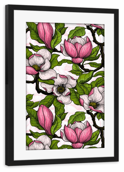 Poster mit Rahmen schwarz "Blühende Magnolien" artboxONE - Floral