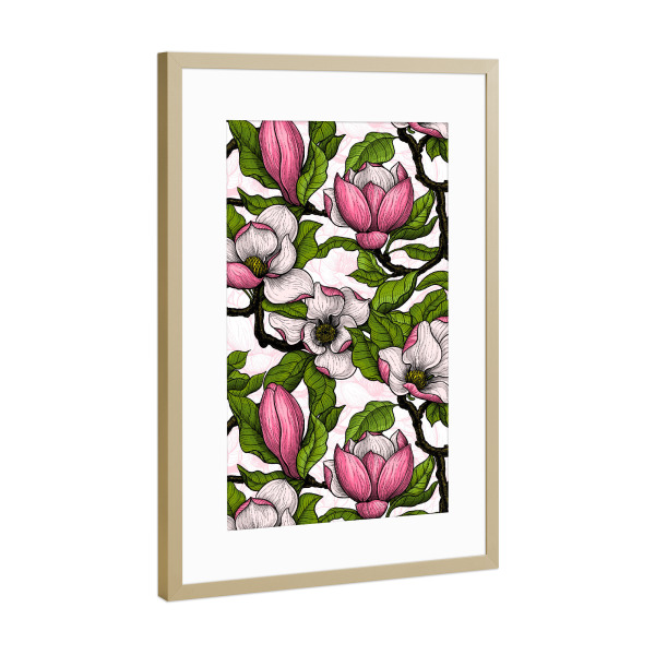 Poster mit Rahmen Gold "Blühende Magnolien" artboxONE - Floral