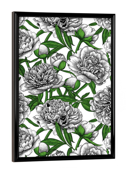 Poster mit schwarzem Rahmen "Weißer Pfingstrosengarten" artboxONE - Floral